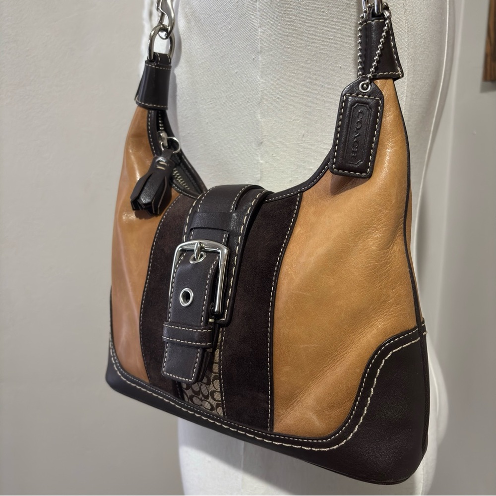 Coach Brown Two Tone Leather Signature Monogram Canvas Hobo Shoulder Purse - Picture 3 of 16